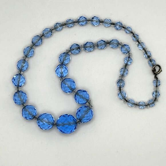 Vintage Czech Faceted Blue Glass Crystal Bead Necklace Graduated 16” - Picture 4 of 16